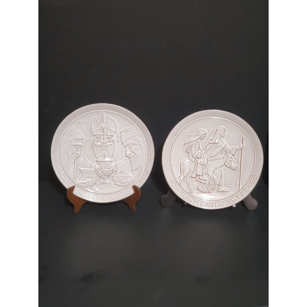 Frankoma Pottery Christmas Plates 1967 1968 White Collectible Dish Vtg 2 Pc Lot